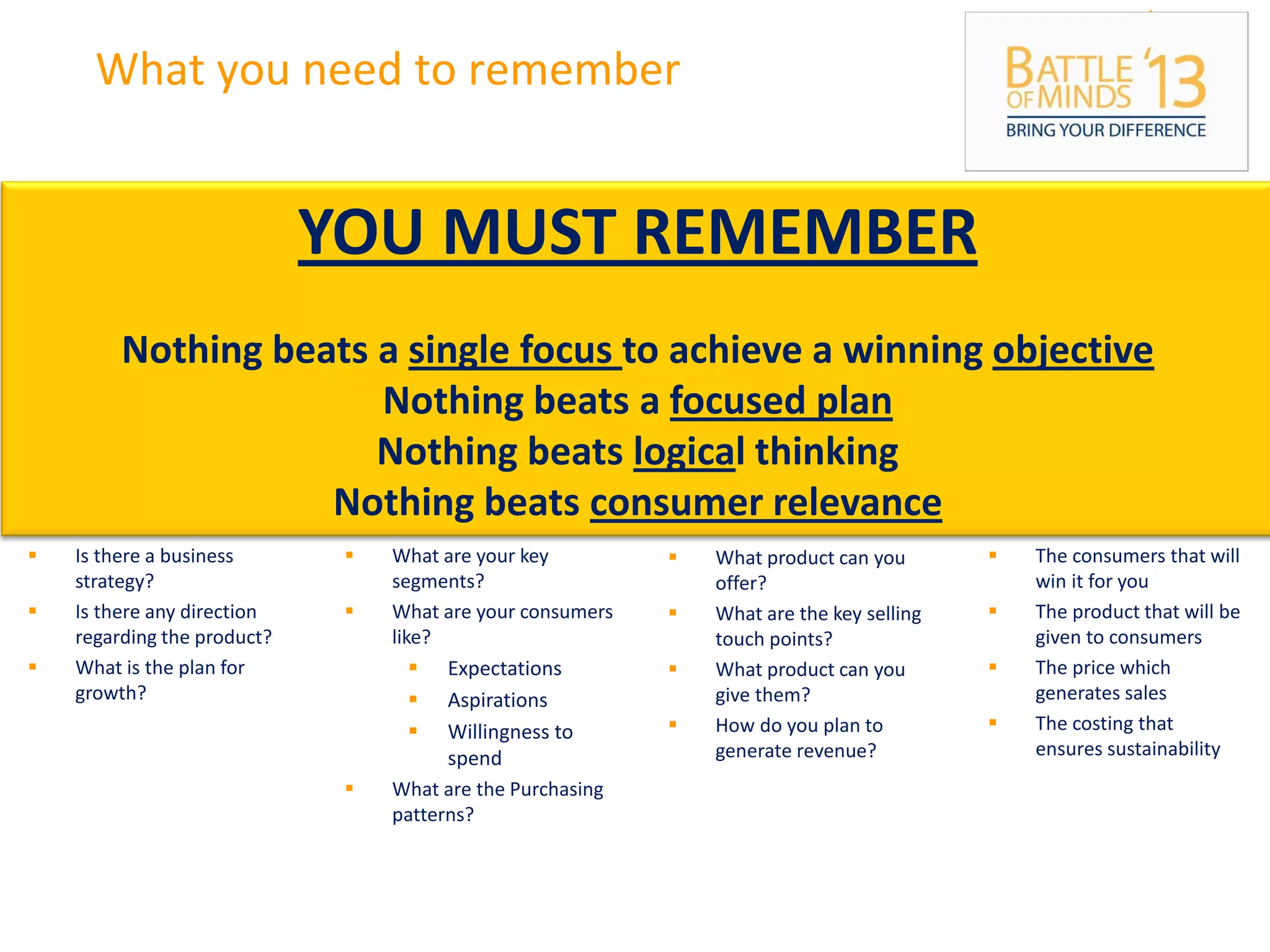 What you need to remember
Where is the
issue
• What is the objective
of the business
• Business context
• Size of the issues
What are the
facts
• What do we know?
• What are the trends?
• What is the market
like?
• Who are in the
target?
How do we want
to approach the
solution
• What are the
options?
• What is feasible?
• Where is the
performance
impact?
• Where is the wealth
impact?
What is the
solution and
how do we make
it work
• Which option do we
take?
• How are we rolling it
out?
• How do we keep it
alive?
 What are your key
segments?
 What are your consumers
like?
 Expectations
 Aspirations
 Willingness to
spend
 What are the Purchasing
patterns?
 What product can you
offer?
 What are the key selling
touch points?
 What product can you
give them?
 How do you plan to
generate revenue?
 Is there a business
strategy?
 Is there any direction
regarding the product?
 What is the plan for
growth?
 The consumers that will
win it for you
 The product that will be
given to consumers
 The price which
generates sales
 The costing that
ensures sustainability
YOU MUST REMEMBER
Nothing beats a single focus to achieve a winning objective
Nothing beats a focused plan
Nothing beats logical thinking
Nothing beats consumer relevance
 