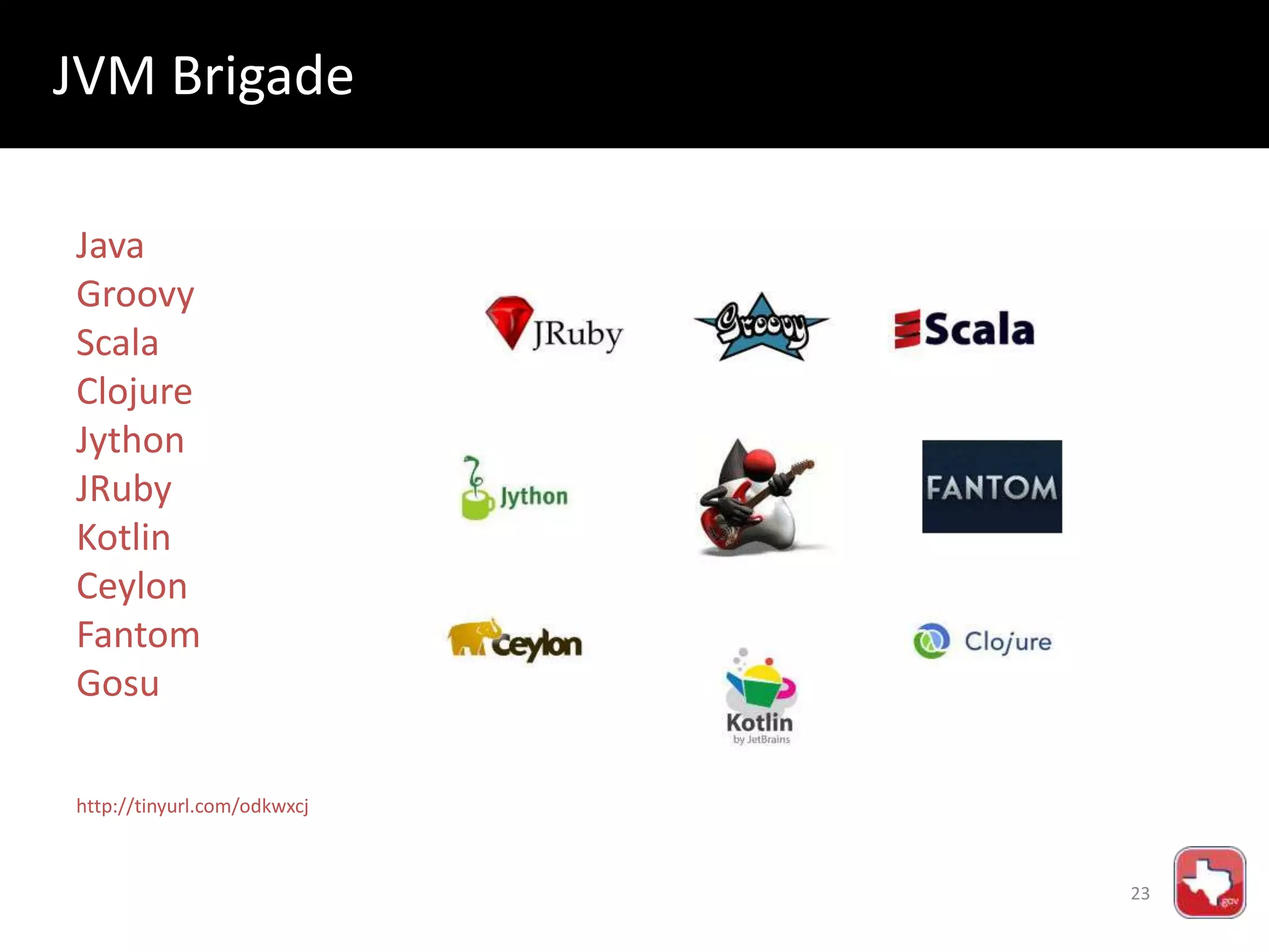 JVM Brigade
Java
Groovy
Scala
Clojure
Jython
JRuby
Kotlin
Ceylon
Fantom
Gosu
http://tinyurl.com/odkwxcj
23
 
