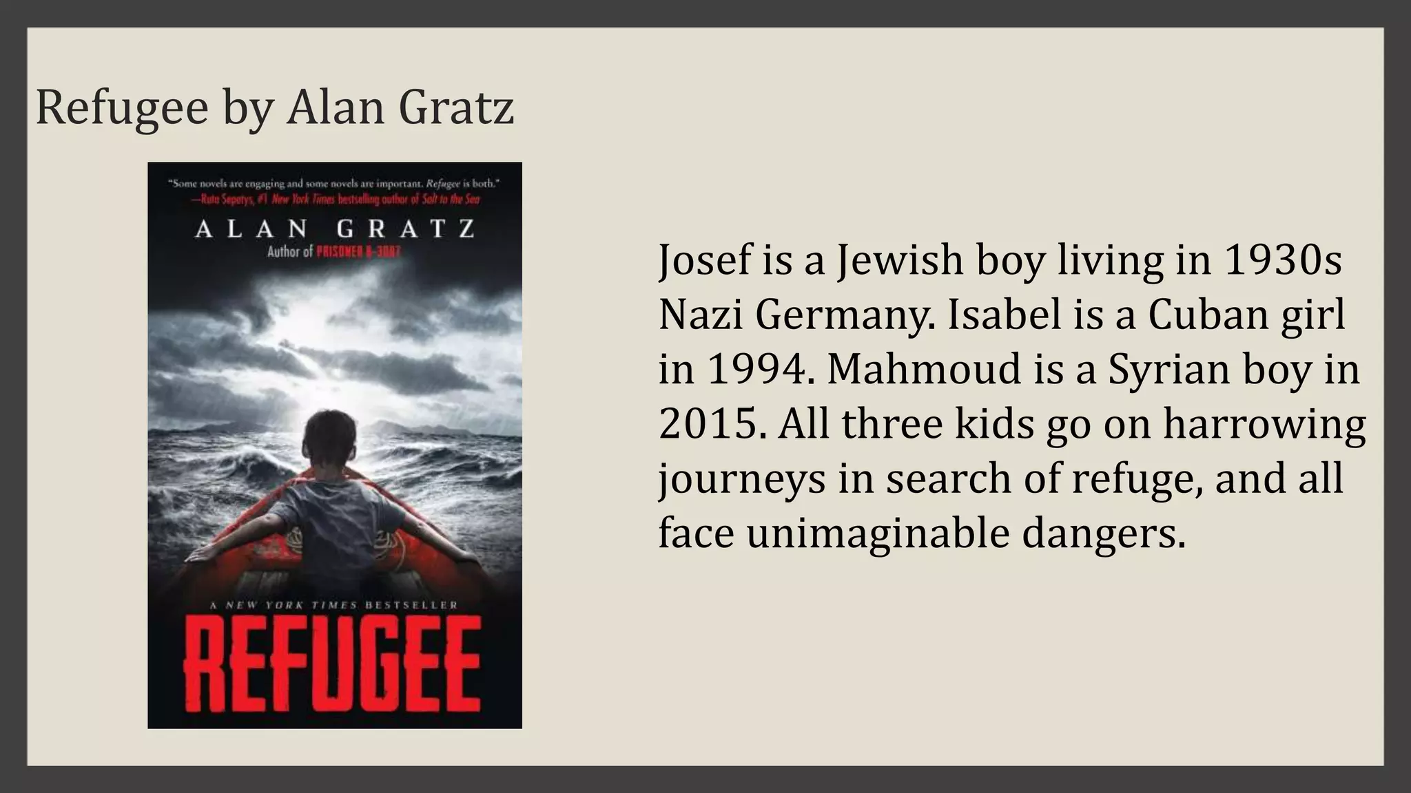 Refugee by Alan Gratz
Josef is a Jewish boy living in 1930s
Nazi Germany. Isabel is a Cuban girl
in 1994. Mahmoud is a Syrian boy in
2015. All three kids go on harrowing
journeys in search of refuge, and all
face unimaginable dangers.
 