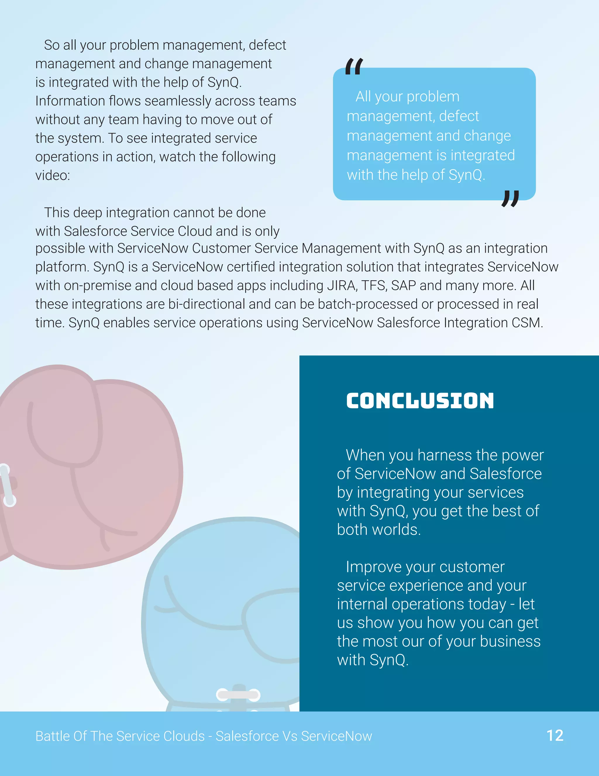 12Battle Of The Service Clouds - Salesforce Vs ServiceNow
So all your problem management, defect
management and change management
is integrated with the help of SynQ.
Information flows seamlessly across teams
without any team having to move out of
the system. To see integrated service
operations in action, watch the following
video:
This deep integration cannot be done
with Salesforce Service Cloud and is only
possible with ServiceNow Customer Service Management with SynQ as an integration
platform. SynQ is a ServiceNow certified integration solution that integrates ServiceNow
with on-premise and cloud based apps including JIRA, TFS, SAP and many more. All
these integrations are bi-directional and can be batch-processed or processed in real
time. SynQ enables service operations using ServiceNow Salesforce Integration CSM.
All your problem
management, defect
management and change
management is integrated
with the help of SynQ.
“
”
Conclusion
When you harness the power
of ServiceNow and Salesforce
by integrating your services
with SynQ, you get the best of
both worlds.
Improve your customer
service experience and your
internal operations today - let
us show you how you can get
the most our of your business
with SynQ.
 