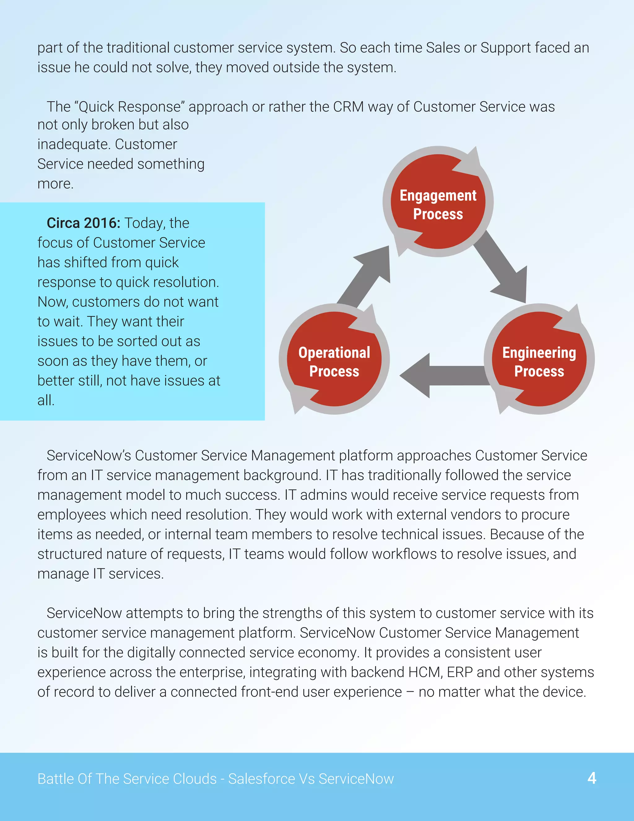 part of the traditional customer service system. So each time Sales or Support faced an
issue he could not solve, they moved outside the system.
The “Quick Response” approach or rather the CRM way of Customer Service was
not only broken but also
inadequate. Customer
Service needed something
more.
Circa 2016: Today, the
focus of Customer Service
has shifted from quick
response to quick resolution.
Now, customers do not want
to wait. They want their
issues to be sorted out as
soon as they have them, or
better still, not have issues at
all.
ServiceNow’s Customer Service Management platform approaches Customer Service
from an IT service management background. IT has traditionally followed the service
management model to much success. IT admins would receive service requests from
employees which need resolution. They would work with external vendors to procure
items as needed, or internal team members to resolve technical issues. Because of the
structured nature of requests, IT teams would follow workflows to resolve issues, and
manage IT services.
ServiceNow attempts to bring the strengths of this system to customer service with its
customer service management platform. ServiceNow Customer Service Management
is built for the digitally connected service economy. It provides a consistent user
experience across the enterprise, integrating with backend HCM, ERP and other systems
of record to deliver a connected front-end user experience – no matter what the device.
4Battle Of The Service Clouds - Salesforce Vs ServiceNow
Engagement
Process
Operational
Process
Engineering
Process
 