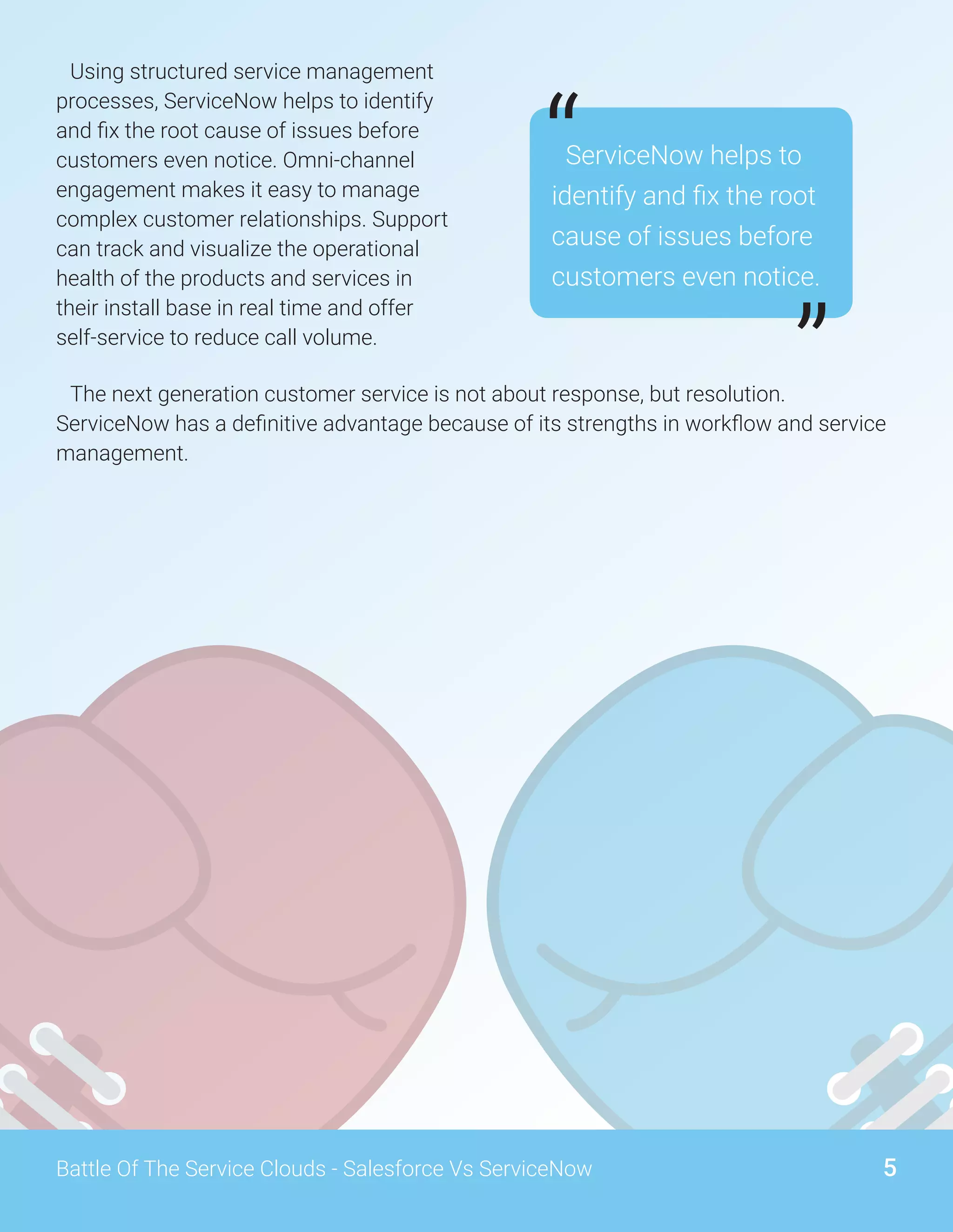 5Battle Of The Service Clouds - Salesforce Vs ServiceNow
Using structured service management
processes, ServiceNow helps to identify
and fix the root cause of issues before
customers even notice. Omni‑channel
engagement makes it easy to manage
complex customer relationships. Support
can track and visualize the operational
health of the products and services in
their install base in real time and offer
self‑service to reduce call volume.
The next generation customer service is not about response, but resolution.
ServiceNow has a definitive advantage because of its strengths in workflow and service
management.
ServiceNow helps to
identify and fix the root
cause of issues before
customers even notice.
“
”
 