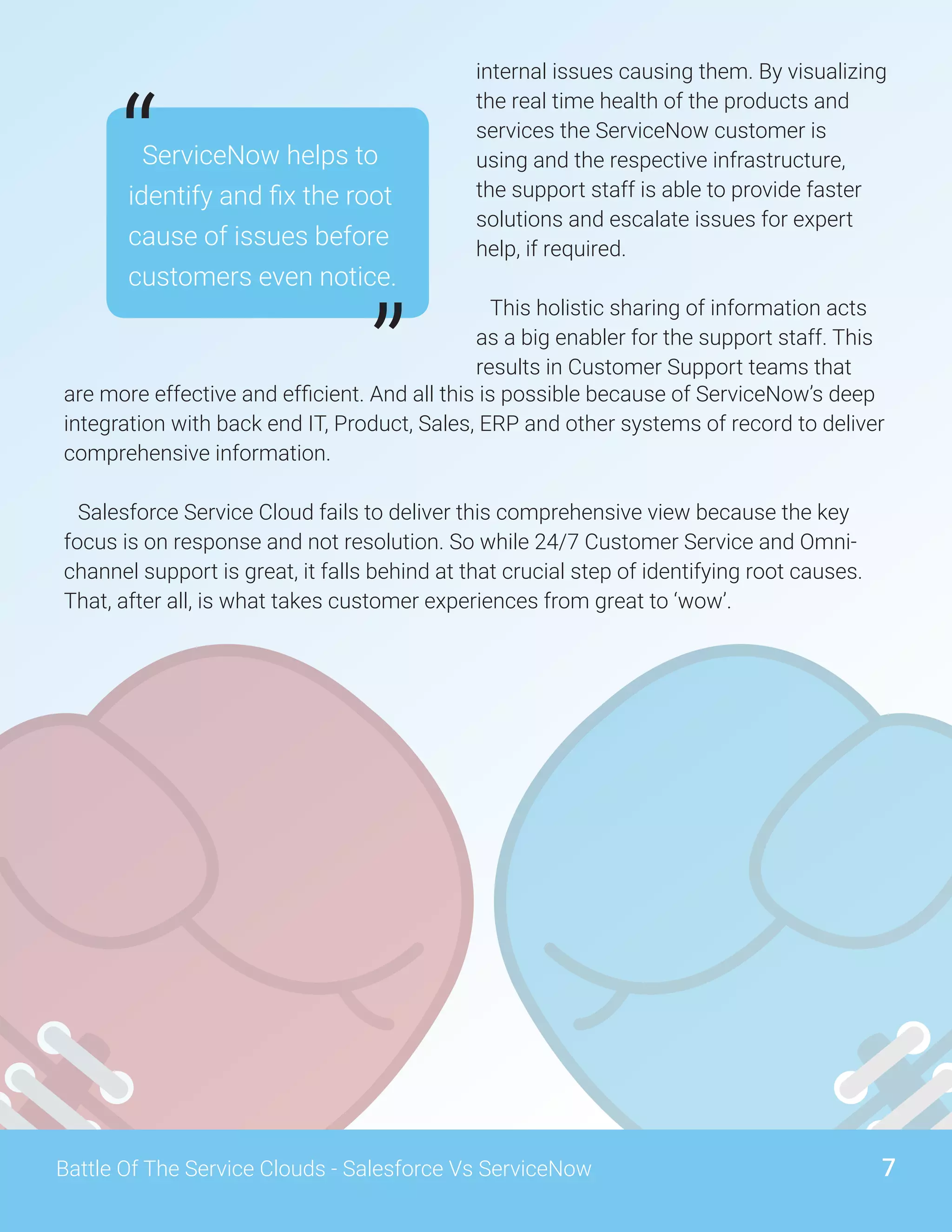 7Battle Of The Service Clouds - Salesforce Vs ServiceNow
internal issues causing them. By visualizing
the real time health of the products and
services the ServiceNow customer is
using and the respective infrastructure,
the support staff is able to provide faster
solutions and escalate issues for expert
help, if required.
This holistic sharing of information acts
as a big enabler for the support staff. This
results in Customer Support teams that
are more effective and efficient. And all this is possible because of ServiceNow’s deep
integration with back end IT, Product, Sales, ERP and other systems of record to deliver
comprehensive information.
Salesforce Service Cloud fails to deliver this comprehensive view because the key
focus is on response and not resolution. So while 24/7 Customer Service and Omni-
channel support is great, it falls behind at that crucial step of identifying root causes.
That, after all, is what takes customer experiences from great to ‘wow’.
ServiceNow helps to
identify and fix the root
cause of issues before
customers even notice.
“
”
 