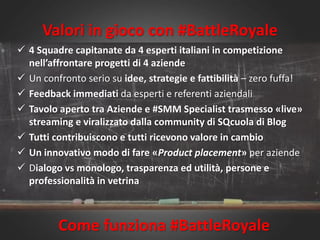 Valori in gioco con #BattleRoyale
 4 Squadre capitanate da 4 esperti italiani in competizione
nell’affrontare progetti di...
