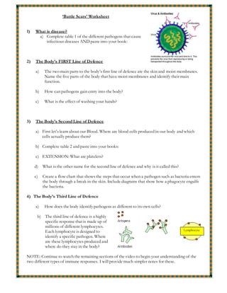 ‘Battle Scars’ Worksheet
1) What is disease?
a) Complete table 1 of the different pathogens that cause
infectious diseases AND paste into your book:
2) The Body’s FIRST Line of Defence
a) The two main parts to the body’s first line of defence are the skin and moist membranes.
Name the five parts of the body that have moist membranes and identify their main
function.
b) How can pathogens gain entry into the body?
c) What is the effect of washing your hands?
3) The Body’s Second Line of Defence
a) First let’s learn about our Blood. Where are blood cells produced in our body and which
cells actually produce them?
b) Complete table 2 and paste into your books:
c) EXTENSION: What are platelets?
d) What is the other name for the second line of defence and why is it called this?
e) Create a flow chart that shows the steps that occur when a pathogen such as bacteria enters
the body through a break in the skin. Include diagrams that show how a phagocyte engulfs
the bacteria.
4) The Body’s Third Line of Defence
a) How does the body identify pathogens as different to its own cells?
b) The third line of defence is a highly
specific response that is made up of
millions of different lymphocytes.
Each lymphocyte is designed to
identify a specific pathogen. Where
are these lymphocytes produced and
where do they stay in the body?
NOTE: Continue to watch the remaining sections of the video to begin your understanding of the
two different types of immune responses. I will provide much simpler notes for these.
Lymphocyte
 