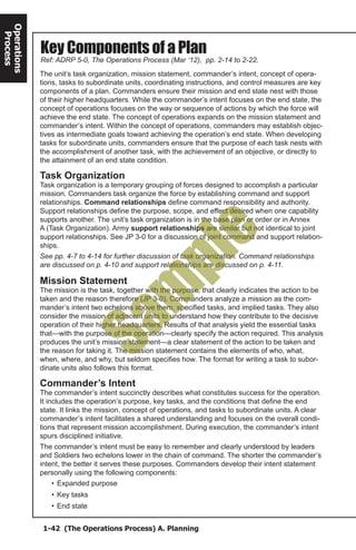 1-42 (The Operations Process) A. Planning
Operations
Process
Ref: ADRP 5-0, The Operations Process (Mar ‘12), pp. 2-14 to 2-22.
Key Components of a Plan
The unit’s task organization, mission statement, commander’s intent, concept of opera-
tions, tasks to subordinate units, coordinating instructions, and control measures are key
components of a plan. Commanders ensure their mission and end state nest with those
of their higher headquarters. While the commander’s intent focuses on the end state, the
concept of operations focuses on the way or sequence of actions by which the force will
achieve the end state. The concept of operations expands on the mission statement and
commander’s intent. Within the concept of operations, commanders may establish objec-
tives as intermediate goals toward achieving the operation’s end state. When developing
tasks for subordinate units, commanders ensure that the purpose of each task nests with
the accomplishment of another task, with the achievement of an objective, or directly to
the attainment of an end state condition.
Task Organization
Task organization is a temporary grouping of forces designed to accomplish a particular
mission. Commanders task organize the force by establishing command and support
relationships. Command relationships define command responsibility and authority.
Support relationships define the purpose, scope, and effect desired when one capability
supports another. The unit’s task organization is in the base plan or order or in Annex
A (Task Organization). Army support relationships are similar but not identical to joint
support relationships. See JP 3-0 for a discussion of joint command and support relation-
ships.
See pp. 4-7 to 4-14 for further discussion of task organization. Command relationships
are discussed on p. 4-10 and support relationships are discussed on p. 4-11.
Mission Statement
The mission is the task, together with the purpose, that clearly indicates the action to be
taken and the reason therefore (JP 3-0). Commanders analyze a mission as the com-
mander’s intent two echelons above them, specified tasks, and implied tasks. They also
consider the mission of adjacent units to understand how they contribute to the decisive
operation of their higher headquarters. Results of that analysis yield the essential tasks
that—with the purpose of the operation—clearly specify the action required. This analysis
produces the unit’s mission statement—a clear statement of the action to be taken and
the reason for taking it. The mission statement contains the elements of who, what,
when, where, and why, but seldom specifies how. The format for writing a task to subor-
dinate units also follows this format.
Commander’s Intent
The commander’s intent succinctly describes what constitutes success for the operation.
It includes the operation’s purpose, key tasks, and the conditions that define the end
state. It links the mission, concept of operations, and tasks to subordinate units. A clear
commander’s intent facilitates a shared understanding and focuses on the overall condi-
tions that represent mission accomplishment. During execution, the commander’s intent
spurs disciplined initiative.
The commander’s intent must be easy to remember and clearly understood by leaders
and Soldiers two echelons lower in the chain of command. The shorter the commander’s
intent, the better it serves these purposes. Commanders develop their intent statement
personally using the following components:
•	Expanded purpose
•	Key tasks
•	End state
Sam
ple
 