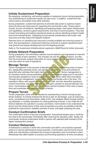 (The Operations Process) B. Preparation 1-49
Operations
Process
Initiate Sustainment Preparation
Re-supplying, maintaining, and issuing supplies or equipment occurs during preparation.
Any repositioning of sustainment assets can also occur. In addition, sustainment ele-
ments need to accomplish many other activities.
During preparation, sustainment planners at all levels take action to optimize means
(force structure and resources) for supporting the commander’s plan. These actions
include, but are not limited to, identifying and preparing bases, host-nation infrastructure
and capabilities, contract support requirements, and lines of communications. They also
include forecasting and building operational stocks as well as identifying endemic health
and environmental factors. Integrating environmental considerations will sustain vital
resources and help reduce the logistics footprint.
Planners focus on identifying the resources currently available and ensuring access to
them. During preparation, sustainment planning continues to support operational plan-
ning (branch and sequel development) and the targeting process.
Refer to The Sustainment & Multifunctional Logistician’s SMARTbook for further discussion.
Initiate Network Preparation
During preparation, the information network must be tailored and engineered to meet the
specific needs of each operation. This includes not only the communications, but also
how the commander expects information to move between and be available for leaders
and units within an area of operations.
Manage Terrain
Terrain management is the process of allocating terrain by establishing areas of opera-
tion, designating assembly areas, and specifying locations for units and activities to
deconflict other activities that might interfere with each other. Terrain management is
an important activity during preparation as units reposition and stage prior to execution.
Commanders assigned an area of operations manage terrain within their boundaries.
Through terrain management, commanders identify and locate units in the area. The
operations officer, with support from others in the staff, can then deconflict operations,
control movements, and deter fratricide as units get in position to execute planned mis-
sions. Commanders also consider unified action partners located in their area of opera-
tions and coordinate with them for the use of terrain.
Prepare Terrain
Terrain preparation starts with the situational understanding of terrain through proper
terrain analysis. It involves shaping the terrain to gain an advantage, such as improving
cover, concealment and observation, fields of fire, new obstacle effects through reinforc-
ing obstacles, or mobility operations for initial positioning of forces. It can make the dif-
ference between the operation’s success and failure. Commanders must understand the
terrain and the infrastructure of their area of operations as early as possible to identify
potential for improvement, establish priorities of work, and begin preparing the area.
Conduct Confirmation Briefs
The confirmation brief is a key part of preparation. Subordinate leaders give a confirma-
tion brief to the commander immediately after receiving the operation order. Ideally, the
commander conducts confirmation briefs in person with selected staff members of the
higher headquarters present.
Conduct Rehearsals
A rehearsal is a session in which the commander and staff or unit practices expected
actions to improve performance during execution. Commanders use this tool to ensure
staffs and subordinates understand the concept of operations and commander’s intent.
Rehearsals also allow leaders to practice synchronizing operations at times and places
ContinuedonnextpageContinuedonnextpage
Sam
ple
 