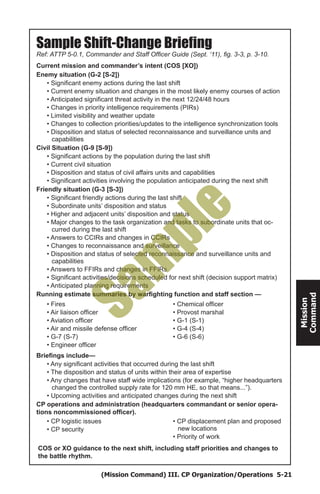 (Mission Command) III. CP Organization/Operations 5-21
Mission
Command
Sample Shift-Change Briefing
Ref: ATTP 5-0.1, Commander and Staff Officer Guide (Sept. ‘11), fig. 3-3, p. 3-10.
Current mission and commander’s intent (COS [XO])
Enemy situation (G-2 [S-2])
• Significant enemy actions during the last shift
• Current enemy situation and changes in the most likely enemy courses of action
• Anticipated significant threat activity in the next 12/24/48 hours
• Changes in priority intelligence requirements (PIRs)
• Limited visibility and weather update
• Changes to collection priorities/updates to the intelligence synchronization tools
• Disposition and status of selected reconnaissance and surveillance units and
capabilities
Civil Situation (G-9 [S-9])
• Significant actions by the population during the last shift
• Current civil situation
• Disposition and status of civil affairs units and capabilities
• Significant activities involving the population anticipated during the next shift
Friendly situation (G-3 [S-3])
• Significant friendly actions during the last shift
• Subordinate units’ disposition and status
• Higher and adjacent units’ disposition and status
• Major changes to the task organization and tasks to subordinate units that oc-
curred during the last shift
• Answers to CCIRs and changes in CCIRs
• Changes to reconnaissance and surveillance
• Disposition and status of selected reconnaissance and surveillance units and
capabilities
• Answers to FFIRs and changes in FFIRs
• Significant activities/decisions scheduled for next shift (decision support matrix)
• Anticipated planning requirements
Running estimate summaries by warfighting function and staff section —
Briefings include—
• Any significant activities that occurred during the last shift
• The disposition and status of units within their area of expertise
• Any changes that have staff wide implications (for example, “higher headquarters
changed the controlled supply rate for 120 mm HE, so that means...”).
• Upcoming activities and anticipated changes during the next shift
CP operations and administration (headquarters commandant or senior opera-
tions noncommissioned officer).
COS or XO guidance to the next shift, including staff priorities and changes to
the battle rhythm.
• Fires
• Air liaison officer
• Aviation officer
• Air and missile defense officer
• G-7 (S-7)
• Engineer officer
• Chemical officer
• Provost marshal
• G-1 (S-1)
• G-4 (S-4)
• G-6 (S-6)
• CP logistic issues
• CP security
• CP displacement plan and proposed
new locations
• Priority of work
Sam
ple
 