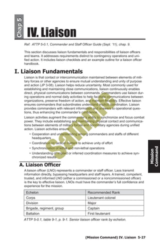 (Mission Command) IV. Liaison 5-27
Mission
Command
Ref: ATTP 5-0.1, Commander and Staff Officer Guide (Sept. ‘11), chap. 9.
This section discusses liaison fundamentals and responsibilities of liaison officers
and teams. It addresses requirements distinct to contingency operations and uni-
fied action. It includes liaison checklists and an example outline for a liaison officer
handbook.
I. Liaison Fundamentals
Liaison is that contact or intercommunication maintained between elements of mili-
tary forces or other agencies to ensure mutual understanding and unity of purpose
and action (JP 3-08). Liaison helps reduce uncertainty. Most commonly used for
establishing and maintaining close communications, liaison continuously enables
direct, physical communications between commands. Commanders use liaison dur-
ing operations and normal daily activities to help facilitate communications between
organizations, preserve freedom of action, and maintain flexibility. Effective liaison
ensures commanders that subordinates understand implicit coordination. Liaison
provides commanders with relevant information and answers to operational ques-
tions, thus enhancing the commander’s confidence.
Liaison activities augment the commander’s ability to synchronize and focus combat
power. They include establishing and maintaining physical contact and communica-
tions between elements of military forces and nonmilitary agencies during unified
action. Liaison activities ensure:
•	Cooperation and understanding among commanders and staffs of different
headquarters
•	Coordination on tactical matters to achieve unity of effort
•	Synchronization of lethal and non-lethal operations
•	Understanding of implied or inferred coordination measures to achieve syn-
chronized results
A. Liaison Officer
A liaison officer (LNO) represents a commander or staff officer. Laos transmit
information directly, bypassing headquarters and staff layers. A trained, competent,
trusted, and informed LNO (either a commissioned or a noncommissioned officer)
is the key to effective liaison. LNOs must have the commander’s full confidence and
experience for the mission.
IV. Liaison
Chap5Chap5
ATTP 5-0.1, table 9-1, p. 9-1. Senior liaison officer rank by echelon.
Echelon Recommended Rank
lenoloctnanetueiLsproC
rojaMnoisiviD
Brigade, regiment, group Captain
tnanetueiltsriFnoilattaB
Sam
ple
 