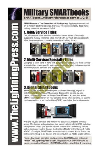 www.TheLightningPress.comwww.TheLightningPress.com
3. Digital SMARTbooks
SMARTbooks are now offered in your choice of hard copy, digital, or
both formats! Digital SMARTbooks are designed to be side-by-side
digital companions to our hard copy SMARTbooks. Access your entire
SMARTbook digital library on your portable device when traveling, or use the
hard copy edition in secure facilities (SCIF), combat or field environments.
Military SMARTbooksSMARTbooks...military reference as easy as 1-2-3!
With one file, you can read and transfer our digital SMARTbooks (eBooks)
across 85+ devices and applications that support Adobe eBook DRM, including
smartphones, tablets (via apps on devices like the iPad®
and Galaxy Tab) as
well as dedicated reading devices like the Sony Reader or the Barnes & Noble
NOOK®
. Our digital SMARTbooks are authorized to a user’s Adobe ID and can
be transferred to up to six devices and six computers via Adobe Digital Editions.
1. Joint/Service Titles
Our joint/service titles form the foundation for our series of mutually-
supporting military reference titles. Paired with our multi-service/specialty
titles, they comprise a complete professional military library.
2. Multi-Service/Specialty Titles
Designed to work hand-in-hand with our joint/service titles, our multi-service/
specialty titles cover specific topic areas to provide ready reference across
all military forces, services and applications.
View, download samples and purchase SMARTbooks online at:
www.TheLightningPress.com. Register your SMARTbooks to
receive email notification of SMARTupdates, new titles & revisions!
SMARTbooks -- The Essentials of Warfighting! Applying informational
art to military doctrinal science, the SMARTbook series really does make
military reference as easy as 1-2-3.
Sam
ple
 