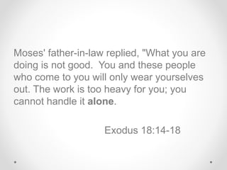 Moses' father-in-law replied, "What you are
doing is not good. You and these people
who come to you will only wear yoursel...