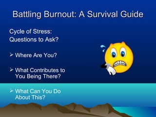 Battling Burnout: A Survival Guide
Cycle of Stress:
Questions to Ask?

 Where Are You?

 What Contributes to
  You Being...