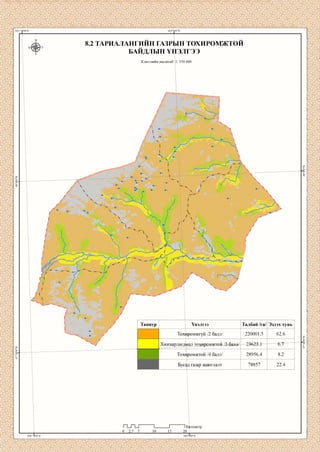 101°20'0"Е 102°0'0"Е
X
Б 3
V
8.2 ТАРИАЛАНГИИН ГАЗРЫН ТОХИРОМЖТОИ
БАЙДЛЫН ҮНЭЛГЭЭ
Хэвлэлийн масштаб: 1: 350 000


/ 
Таниур Үнэлгээ
Тохиромжгүй /2 балл/
Талбай /га/
220001.5
Хязгаарлагдмал тохиромжтой /З балл/ 23623.1
Тохиромжтой /4 балл/
Бусад газар ашиглалт
28956.4
78857
Эзлэх хувь
62.6
6.7
8.2
22.4
0 2.5 5
п____ г
10 15
~~IКйлометр
20 I_______
102°6'0"Е101°20'0"Е
 