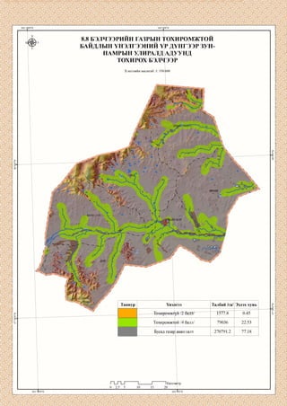 8.8 БЭЛЧЭЭРИИН ГАЗРЫН ТОХИРОМЖТОИ
БАЙДЛЫН ҮНЭЛГЭЭНИЙ ҮР ДҮНГЭЭР ЗУН
НАМРЫН УЛИРАЛД АДУУНД
ТОХИРОХ БЭЛЧЭЭР
Хэвлэлийн масштаб: 1: 350 000
ХӨНӨГ
БАЯН УУЛ
Талбай /га/Таниур
Тохиромжтой /4 балл/ 79036
270791.2ашиглалт
1Килом(
 