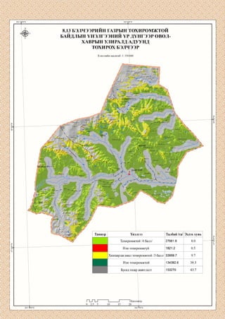8.13 БЭЛЧЭЭРИИН ГАЗРЫН ТОХИРОМЖТОИ
БАЙДЛЫН ҮНЭЛГЭЭНИЙ Ү^ ДҮНГЭЭР о в о л
ХАВРЫН УЛИРАЛД АДУУНД
ТОХИРОХ БЭЛЧЭЭР
Хэвлэлийн масштаб: 1: 350 000
УЛААН ЧУЛУУ
хөнөг
БАЯН УУ1
Талбай /га/Таниур Үнэлгээ
Тохиромжтой /4 балл/ 27961.6
Нэн тохиромжгүй
Хязгаарлагдмал тохиромжтой /3 балл/
Нэн тохиромжтой 134392.6
Бусад газар ашиглалт 153270
1Киломе
 