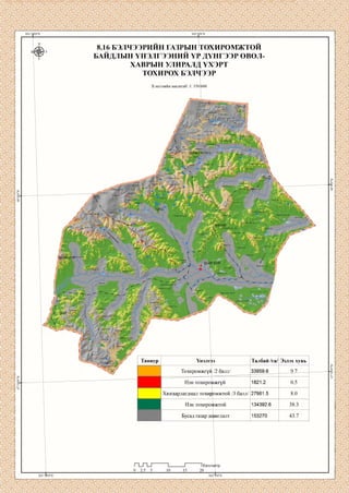 8.16 БЭЛЧЭЭРИИН ГАЗРЫН ТОХИРОМЖТОИ
БАЙДЛЫН ҮНЭЛГЭЭНИЙ Ү^ ДҮНГЭЭР о в о л
ХАВРЫН УЛИРАЛД ҮХЭРТ
ТОХИРОХ БЭЛЧЭЭР
Хэвлэлийн масштаб: 1: 350 000
:гунууп
Барчш> гозгоруул
Салхиг уул
Г>-рван зурааУщ саргуя уу?
Ар дэндгэр уул
УЛААН ЧУЛУУ
Шовгор уп
Сүүл ендөр ууп
:гозгор уул
■Ухаа азарга ууп
хөнөг
Норовлин уул
:чупуут ууп
(Бвлжеөтуул
Талбай /га/Таниур Үнэлгээ
Тохиромжгүи /2 балл/
Нэн тохиромжгүй
Хязгаарлагдмал тохиромжтой /3 балл/ 27961.5
Нэн тохиромжтой 134392.6
Бусад газар ашиглалт 153270
1Киломе
 