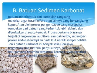 Batuan ini terbentuk dari kumpulan cangkang
moluska, alga, foraminifera atau lainnya yang bercangkang
kapur. Atau oleh proses pengendapan yang merupakan
rombakan dari batuan yang terbentuk lebih dahulu dan
diendapkan di suatu tempat. Proses pertama biasanya
terjadi di lingkungan laut litoral sampai neritik, sedangkan
proses kedua diendapkan pada laut neritik sampai bahtial.
Jenis batuan karbonat ini banyak sekali jenisnya
tergantung dari material penyusunnya, suatu contoh
batugamping terumbu terbentuk karena batuan tersebut
disusun oleh material terumbu koral.
B. Batuan Sedimen Karbonat
 