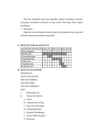 Hasil dari pengolahan data akan digunakan sebagai kesimpulan sementara.
Selanjutnya kesimpulan sementara ini akan diolah lebih lanjut dalam bagian
pembahasan.
7. Kesimpulan
Diperoleh setelah dilakukan korelasi antara hasil pengolahan data yang telah
dilakukan dengan permasalahan yang diteliti.
G. RENCANA JADUAL KEGIATAN
AKTIFITAS KEGIATAN
Dalam Mingguan 1 2 3 4 1 2 3 4 1 2 3 4
Studi literatur
Orientasi lapangan
Pengambilan data
Akuisisi data
Pengolahan data
Pembuatan draf
BULAN I BULAN II BULAN III
H. RENCANA DAFTAR ISI
RINGKASAN
KATA PENGANTAR
DAFTAR GAMBAR
DAFTAR TABEL
DAFTAR LAMPIRAN
BAB
I. PENDAHULAN
II. TINJAUAN UMUM
A. Lokasi
B. Topografi dan Geologi
C. Iklim dan Curah Hujan
D. Cadangan Batubara
E. Kegiatan Penambangan
F. Situasi “ROM Stockpile”
G. Pemasaran
 