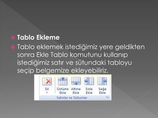 Tablo Ekleme
 Tablo eklemek istediğimiz yere geldikten
sonra Ekle Tablo komutunu kullanıp
istediğimiz satır ve sütundaki tabloyu
seçip belgemize ekleyebiliriz.


 