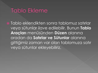 

Tablo eklendikten sonra tablomuz satırlar
veya sütunlar ilave edilebilir. Bunun Tablo
Araçları menüsünden Düzen alanına
oradan da Satırlar ve Sütunlar alanına
gittiğimiz zaman var olan tablomuza satır
veya sütunlar ekleyebiliriz.

 