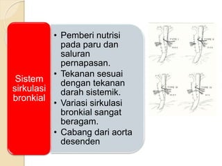 • Pemberi nutrisi
pada paru dan
saluran
pernapasan.
• Tekanan sesuai
dengan tekanan
darah sistemik.
• Variasi sirkulasi
bronkial sangat
beragam.
• Cabang dari aorta
desenden
Sistem
sirkulasi
bronkial
 