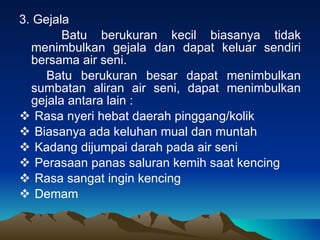 3. Gejala Batu berukuran kecil biasanya tidak menimbulkan gejala dan dapat keluar sendiri bersama air seni. Batu berukuran besar dapat menimbulkan sumbatan aliran air seni, dapat menimbulkan gejala antara lain : Rasa nyeri hebat daerah pinggang/kolik Biasanya ada keluhan mual dan muntah Kadang dijumpai darah pada air seni Perasaan panas saluran kemih saat kencing Rasa sangat ingin kencing Demam 