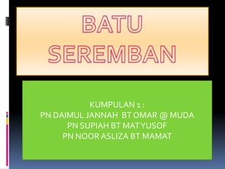 KUMPULAN 1 :
PN DAIMUL JANNAH BT OMAR @ MUDA
      PN SUPIAH BT MAT YUSOF
     PN NOOR ASLIZA BT MAMAT
 