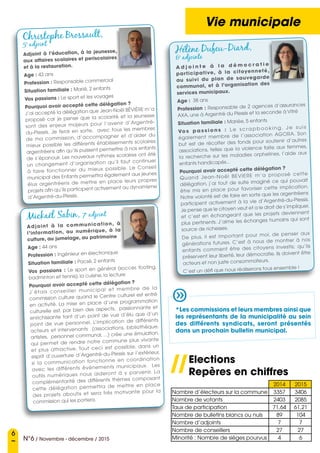 6
N°6 / Novembre - décembre / 2015
Vie municipale
Christophe Brossault,
5e
adjoint
Adjoint à l’éducation, à la jeunesse,
aux affaires scolaires et periscolaires
et à la restauration.
Age : 43 ans
Profession : Responsable commercial
Situation familiale : Marié, 2 enfants
Vos passions : Le sport et les voyages
Pourquoi avoir accepté cette délégation ?
J’ai accepté la délégation que Jean-Noël BÉVIÈRE m’a
proposé car je pense que la scolarité et la jeunesse
sont des enjeux majeurs pour l’avenir d’Argentré-
du-Plessis. Je ferai en sorte, avec tous les membres
de ma commission, d’accompagner et d’aider du
mieux possible les différents établissements scolaires
argentréens afin qu’ils puissent permettre à nos enfants
de s’épanouir. Les nouveaux rythmes scolaires ont été
un changement d’organisation qu’il faut continuer
à faire fonctionner du mieux possible. Le Conseil
municipal des Enfants permettra également aux jeunes
élus argentréens de mettre en place leurs propres
projets afin qu’ils participent activement au dynamisme
d’Argentré-du-Plessis.
Mickaël Sabin, 7e
adjoint
Adjoint à la communication, à
l’information, au numérique, à la
culture, au jumelage, au patrimoine
Age : 44 ans
Profession : Ingénieur en électronique
Situation familiale : Pacsé, 2 enfants
Vos passions  : Le sport en général (soccer, footing,
badminton et tennis), la cuisine, la lecture
Pourquoi avoir accepté cette délégation ?
J’étais conseiller municipal et membre de la
commission culture quand le Centre culturel est entré
en activité. La mise en place d’une programmation
culturelle est, par bien des aspects, passionnante et
enrichissante tant d’un point de vue d’élu que d’un
point de vue personnel. L’implication de différents
acteurs et intervenants (associations, bibliothèque,
artistes, personnel communal, ...) crée une émulation,
qui permet de rendre notre commune plus vivante
et plus attractive. Tout ceci est possible, dans un
esprit d’ouverture d’Argentré-du-Plessis sur l’extérieur,
si la communication fonctionne en coordination
avec les différents événements municipaux. Les
outils numériques nous aideront à y parvenir. La
complémentarité des différents thèmes composant
cette délégation permettra de mettre en place
des projets aboutis et sera très motivante pour la
commission qui les portera.
Hélène Dufeu-Diard,
6e
adjointe
A d j o i n t e à l a d é m o c r a t i e
participative, à la citoyenneté,
au suivi du plan de sauvegarde
communal, et à l’organisation des
services municipaux.
Age : 38 ans
Profession : Responsable de 2 agences d’assurances
AXA, une à Argentré du Plessis et la seconde à Vitré
Situation familiale : Mariée, 5 enfants
Vo s p a s s i o n s   : Le scra pbooking. Je suis
également  membre de l’association AGORA. Son
but est de récolter des fonds pour soutenir  d’autres
associations, telles que la violence faite aux femmes,
la recherche sur les maladies orphelines, l’aide aux
enfants handicapés...
Pourquoi avoir accepté cette délégation ?
Quand Jean-Noël BEVIERE m’a proposé cette
délégation, j’ai tout de suite imaginé ce qui pouvait
être mis en place pour favoriser cette implication.
Notre volonté est de faire en sorte que les argentréens
participent activement à la vie d’Argentré-du-Plessis.
Je pense que le citoyen veut et a le droit de s’impliquer,
et c’est en échangeant que les projets deviennent
plus pertinents. J’aime les échanges humains qui sont
source de richesses.
De plus, il est important pour moi, de penser aux
générations futures. C’est à nous de montrer à nos
enfants comment être des citoyens investis;  qu’ils
préservent leur liberté, leur démocratie. Ils doivent être
acteurs et non juste consommateurs.
C’est un défi que nous réaliserons tous ensemble !
*Les commissions et leurs membres ainsi que
les représentants de la municipalité au sein
des différents syndicats, seront présentés
dans un prochain bulletin municipal.
i
2014 2015
Nombre d’électeurs sur la commune 3357 3406
Nombre de votants 2403 2085
Taux de participation 71,64 61,21
Nombre de bulletins blancs ou nuls 89 104
Nombre d’adjoints 7 7
Nombre de conseillers 27 27
Minorité : Nombre de sièges pourvus 4 6
Elections
Repères en chiffres//
 