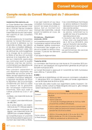 4
N°7 / Janvier - février / 2016
Conseil Municipal
Indemnités des élus
Le Code Général des collectivités
territoriales dans ses articles L 2123-
20 à L 2123-24-1 fixe les conditions
et règles d’attribution des
indemnités de fonction des maires,
des adjoints et des conseillers
municipaux.
Lors de la séance du 16 novembre
dernier, le Conseil Municipal a
été amené à délibérer sur les
indemnités du Maire, des adjoints
et de deux conseillers délégués,
postes nouvellement créés. Afin
de diminuer les coûts budgétaires
à la charge de la commune,
le Maire et les élus ont souhaité
renoncer à la majoration de 15%
de leur indemnité applicable
aux communes ayant la qualité
d’ancien chef lieu de canton,
conformément aux dispositions de
l’article L2123-22 du C.G.C.T.
Pour parvenir cependant à
une répartition équitable des
indemnités de fonction entre le
Maire, ses sept adjoints et les deux
conseillers municipaux délégués,
il apparaît nécessaire de revoir
la répartition des pourcentages
d’indemnité pris dans le cadre
du respect de la globalité
de l’enveloppe indemnitaire
maximale, telle que visée à
l’article L2123-23 du C.G.C.T. soit
pour
- le Maire, une indemnité brute de
1 862, 72 €
- le 1er
adjoint, une indemnité brute
de 988, 38 €
- les 6 autres adjoints, une indem-
nité brute de 771,70 € par adjoints
- les 2 conseillers municipaux dé-
légués, une indemnité brute de
228.09 € par conseiller délégué.
Le Conseil Municipal, à l’unanimité
des membres présents approuve le
montant des indemnités au Maire,
Compte rendu du Conseil Municipal du 7 décembre
EXTRAITS*
à ses sept adjoints et aux deux
conseillers municipaux délégués
suivant les bases énoncées ci-
dessus. Soit un montant brut
mensuel des indemnités, calculé
suivant le barème en cours, de
7 937, 48 €.
Symeval : Rapport
annuel 2014
Le Conseil Municipal a approuvé à
l’unanimité le rapport annuel 2014
du SYMEVAL destiné notamment
à l’information des usagers sur le
prix et la qualité du service d’eau
potable. Il précise les éléments
suivants :
• Les aspects réglementaires
• Les caractéristiques techniques
du service relatives à l’évolution
des besoins en eau et l’évolution
des volumes vendus
• Les indicateurs de performance
du service, notamment sur la
qualité de l’eau et la protection
des ressources en eau
• L’évolution des tarifs de vente
d’eau, avec une augmentation
de 3, 52 % sur 2014-2015, ainsi
que sur l’évolution des recettes.
• Le financement des investisse-
ments du service
Les performances des services
publics d’eau potable
Salles Tarifs
Ouessant
66 € pour un vin d’honneur ou une rencontre après
sépulture
Cézembre
• 100 € le jour férié
• 165 € le week end
+ 27 euros de chauffage (période du 15/10 au 15/04
et suivant les conditions climatiques)
Gîte d’étape
• 14 € la nuitée par personne du lundi au samedi matin
• 18 € la nuitée par personne le samedi, le dimanche et
pendant les vacances scolaires
Centre culturel
Le Plessis Sévigné
• 150 € la 1/2 journée (de 8h à 13h ou de 14h à 19h)
• 500 € la Soirée de 17h à 3h (1/2 journée offerte)
• 1 000 € du vendredi soir au dimanche midi
Tarifs 2016
La commission des Finances qui s’est réunie le 19 novembre 2015 pro-
pose de ne pas appliquer une augmentation générale de principe sur
les tarifs municipaux 2015.
Le Conseil Municipal a approuvé à l’unanimité les tarifs municipaux
avec effet au 1er
janvier 2016.
A noter :
• Les tarifs de la bibliothèque ont été revus en commission culturelle le
1er
décembre 2015. La cotisation annuelle par famille argentréenne
est de 20 € (elle était de 25 € en 2015).
• Les tarifs des salles louées aux argentréens (salles Ouessant, Cé-
zembre, Centre culturel Le Plessis Sévigné) ainsi que le gîte d’étape
restent identiques à l’année 2015.
 