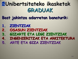 2626
Bost jakintza adarretan banaturik:Bost jakintza adarretan banaturik:
1.1. ZIENTZIAKZIENTZIAK
2.2. OSASUN ZIENTZIAKOSASUN ZIENTZIAK
3.3. GIZARTE ETA LEGE ZIENTZIAKGIZARTE ETA LEGE ZIENTZIAK
4.4. INGENIERITZAK ETA ARKITEKTURAINGENIERITZAK ETA ARKITEKTURA
5.5. ARTE ETA GIZA ZIENTZIAKARTE ETA GIZA ZIENTZIAK
Unibertsitateko ikasketakUnibertsitateko ikasketak
GRADUAKGRADUAK
 