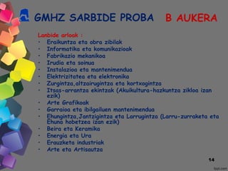 GMHZ SARBIDE PROBA
Lanbide arloak :
• Eraikuntza eta obra zibilak
• Informatika eta komunikazioak
• Fabrikazio mekanikoa
• Irudia eta soinua
• Instalazioa eta mantenimendua
• Elektrizitatea eta elektronika
• Zurgintza,altzairugintza eta kortxogintza
• Itsas-arrantza ekintzak (Akuikultura-hazkuntza zikloa izan
ezik)
• Arte Grafikoak
• Garraioa eta ibilgailuen mantenimendua
• Ehungintza,Jantzigintza eta Larrugintza (Larru-zurraketa eta
Ehuna hobetzea izan ezik)
• Beira eta Keramika
• Energia eta Ura
• Erauzketa industriak
• Arte eta Artisautza
14
B AUKERA
 