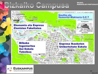 4545
BILBAO,
BARAKALDO PORTUGALET
Ekonomia eta Enpresa
Zientzien Fakultatea
Enpresa Ikasketen
Unibertsitate Eskola
Nautika eta
Itsasontzi-Makineria G.E.T.
Bilboko
Ingeniaritza
Goi Eskola
Teknikoa
 