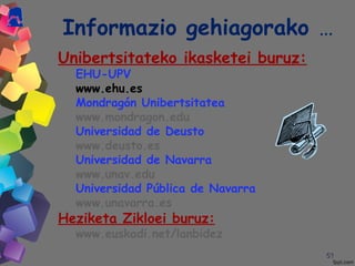 5151
Informazio gehiagorako …
Unibertsitateko ikasketei buruz:
EHU-UPV
www.ehu.es
Mondragón Unibertsitatea
www.mondragon.edu
Universidad de Deusto
www.deusto.es
Universidad de Navarra
www.unav.edu
Universidad Pública de Navarra
www.unavarra.es
Heziketa Zikloei buruz:
www.euskadi.net/lanbidez
 