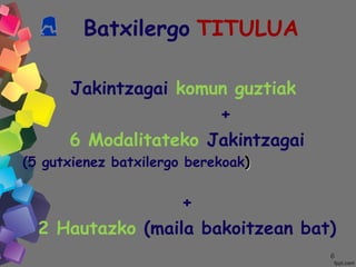 66
Batxilergo TITULUA
Jakintzagai komun guztiak
+
6 Modalitateko Jakintzagai
(5 gutxienez batxilergo berekoak))
+
2 Hautazko (maila bakoitzean bat)
 