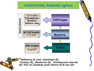 GRADUONDOA
*Medikuntza (6 urte), Odontologia (5),
Farmazia (5), Albaitaritza (5), Arkitekturaren oinarriak
(5), EAZ eta Zuzenbide gradu bikoitza (5,5) izan ezik
3-4 urte
Prestakuntza+
Ikerketa+
Doktore-tesia
Doktoregoa
Masterra
Gradua
60-120 kreditu
1-2 urte
240 kreditu
4 urte*
Unibertsitate-ikasketen egitura
 