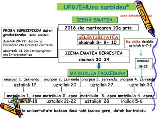 IZENA EMATEAIZENA EMATEA
IZENA EMATEA BERRESTEA
SELEKTIBITATEA
2016 eko martxoaren 10a arte
ekainak 8- 9- 10
ekainak 20-24
MATRIKULA PROZEDURAMATRIKULA PROZEDURA
behin-behineko egutegia
onarpen 1. zerrenda onarpen 2. zerrenda onarpen 3. zerrenda onarpen 4. zerrenda
uztailak 12 uztailak 20 uztailak 27 uztailak 30uztailak 12 uztailak 20 uztailak 27 uztailak 30
matrikula 1. epea matrikula 2. epea matrikula 3. epea matrikula 4. epea
uztailak 13–18 uztailak 21-22 uztailak 28 irailak 5-6uztailak 13–18 uztailak 21-22 uztailak 28 irailak 5-6
PROBA ESPEZIFIKOA duten
graduetarako izena ematea
Apirilak 20-27: Jarduera
Fisikoaren eta Kirolaren Zientziak
Maiatzak 13-20: Itzulpengintza
eta Interpretaritza
PROBA ESPEZIFIKOA duten
graduetarako izena ematea
Apirilak 20-27: Jarduera
Fisikoaren eta Kirolaren Zientziak
Maiatzak 13-20: Itzulpengintza
eta Interpretaritza
UPV/EHUra sarbidea*
Ez ohiko deialdia
uztailak 6-7-8
*Beste unibertsitate batean ikasi nahi izanez gero, datak kontrolatu
Uztailak
18-22
 
