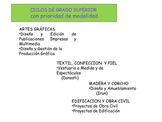 CICLOS DE GRADO SUPERIOR
con prioridad de modalidad
ARTES GRÁFICAS
•Diseño y Edición de
Publicaciones Impresas y
Multimedia
•Diseño y Gestión de la
Producción Gráfica
EDIFICACION Y OBRA CIVIL
•Proyectos de Obra Civil
•Proyectos de Edificación
TEXTIL, CONFECCION Y PIEL
•Vestuario a Medida y de
Espectáculos
(Donosti)
MADERA Y CORCHO
•Diseño y Amueblamiento
(Irun)
 