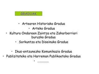 • Artearen Historiako Gradua
• Arteko Gradua
• Kultura Ondareen Zaintza eta Zaharberriari
buruzko Gradua
• Sorkuntza eta Diseinuko Gradua
• Ikus-entzunezko Komunikazio Gradua
• Publizitateko eta Harreman Publikoetako Gradua
• …...........
GRADUAK
 