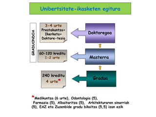GRADUONDOA
*Medikuntza (6 urte), Odontologia (5),
Farmazia (5), Albaitaritza (5), Arkitekturaren oinarriak
(5), EAZ eta Zuzenbide gradu bikoitza (5,5) izan ezik
3-4 urte
Prestakuntza+
Ikerketa+
Doktore-tesia
Doktoregoa
Masterra
Gradua
60-120 kreditu
1-2 urte
240 kreditu
4 urte*
Unibertsitate-ikasketen egitura
 