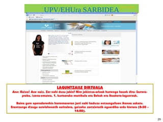UPV/EHUra SARBIDEA
29
UPV/EHU
LAGUNTZAILE BIRTUALA
Ane: Kaixo! Ane naiz. Zer nahi duzu jakin? Nire jakintza-arloak hurrengo hauek dira: Sarrera-
proba, izena-ematea, 1. kurtsorako matrikula eta Bekak eta Ikasketa-laguntzak.
Baina gure operadoreekin harremanetan jarri nahi baduzu entzungailuen ikonoa sakatu.
Erantzungo dizugu astelehenetik ostiralera, goizeko zortzietatik eguerdiko ordu bietara (8:30 –
14:00).
 