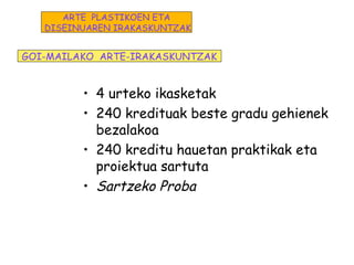 • 4 urteko ikasketak
• 240 kredituak beste gradu gehienek
bezalakoa
• 240 kreditu hauetan praktikak eta
proiektua sartuta
• Sartzeko Proba
GOI-MAILAKO ARTE-IRAKASKUNTZAK
ARTE PLASTIKOEN ETA
DISEINUAREN IRAKASKUNTZAK
 