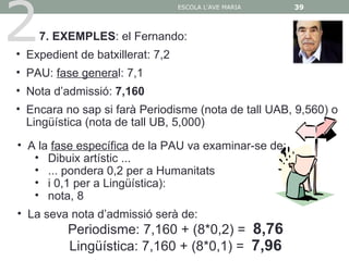 2
                                  ESCOLA L'AVE MARIA   39



    7. EXEMPLES: el Fernando:
• Expedient de batxillerat: 7,2
• PAU: fase general: 7,1
• Nota d’admissió: 7,160
• Encara no sap si farà Periodisme (nota de tall UAB, 9,560) o
  Lingüística (nota de tall UB, 5,000)
• A la fase específica de la PAU va examinar-se de:
   • Dibuix artístic ...
   • ... pondera 0,2 per a Humanitats
   • i 0,1 per a Lingüística):
   • nota, 8
• La seva nota d’admissió serà de:
          Periodisme: 7,160 + (8*0,2) = 8,76
          Lingüística: 7,160 + (8*0,1) = 7,96
 