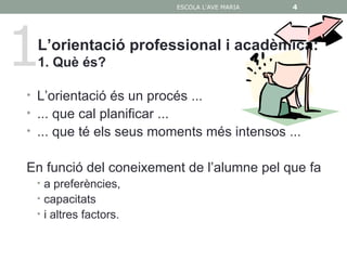 ESCOLA L'AVE MARIA   4




1L’orientació professional i acadèmica:
 1. Què és?

• L’orientació és un procés ...
• ... que cal planificar ...
• ... que té els seus moments més intensos ...


En funció del coneixement de l’alumne pel que fa
 • a preferències,
 • capacitats
 • i altres factors.
 