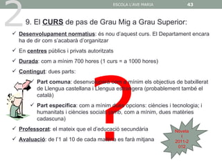 2
                                         ESCOLA L'AVE MARIA           43



     9. El CURS de pas de Grau Mig a Grau Superior:
 Desenvolupament normatius: és nou d’aquest curs. El Departament encara
  ha de dir com s’acabarà d’organitzar
 En centres públics i privats autoritzats




                               ?
 Durada: com a mínim 700 hores (1 curs = a 1000 hores)
 Contingut: dues parts:
        Part comuna: desenvoluparà com a mínim els objectius de batxillerat
         de Llengua castellana i Llengua estrangera (probablement també el
         català)
        Part específica: com a mínim dues opcions: ciències i tecnologia; i
         humanitats i ciències socials (amb, com a mínim, dues matèries
         cadascuna)
 Professorat: el mateix que el d’educació secundària            Noveta
                                                                    t
 Avaluació: de l’1 al 10 de cada matèria es farà mitjana        2011-2
                                                                  012
 