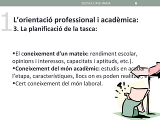 ESCOLA L'AVE MARIA     6




1
L’orientació professional i acadèmica:
3. La planificació de la tasca:


•El coneixement d'un mateix: rendiment escolar,
opinions i interessos, capacitats i aptituds, etc.).
•Coneixement del món acadèmic: estudis en acabar
l’etapa, característiques, llocs on es poden realitzar, etc.
•Cert coneixement del món laboral.
 