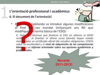 ESCOLA L'AVE MARIA            8




1
L’orientació professional i acadèmica:




     ?
6. El document de l’orientació:

    • El Ministre Gabilondo va introduir algunes modificacions
      al final del seu mandat (mitjançant uns RD que
      modifiquen la norma bàsica de l’ESO):
       6. Todos los alumnos que finalicen la ESO sin obtener el GESO
       recibirán … al finalizar el último curso (donde) hayan estado
       matriculados un certificado oficial (de estudios obligatorios, COEO)
       sobre su escolaridad y el nivel de adquisición de las competencias
       básicas y un informe orientador sobre sus opciones académicas y
       profesionales.


                                          Novetat
                                         2011-2012!
 