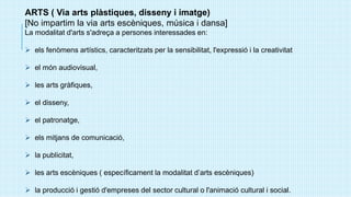 ARTS ( Via arts plàstiques, disseny i imatge)
[No impartim la via arts escèniques, música i dansa]
La modalitat d'arts s'adreça a persones interessades en:
 els fenòmens artístics, caracteritzats per la sensibilitat, l'expressió i la creativitat
 el món audiovisual,
 les arts gràfiques,
 el disseny,
 el patronatge,
 els mitjans de comunicació,
 la publicitat,
 les arts escèniques ( específicament la modalitat d’arts escèniques)
 la producció i gestió d'empreses del sector cultural o l'animació cultural i social.
 