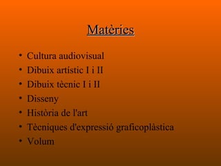 MatèriesMatèries
• Cultura audiovisual
• Dibuix artístic I i II
• Dibuix tècnic I i II
• Disseny
• Història de l'art
• Tècniques d'expressió graficoplàstica
• Volum
 