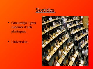 SortidesSortides
• Grau mitjà i grau
superior d’arts
plàstiques.
• Universitat.
 