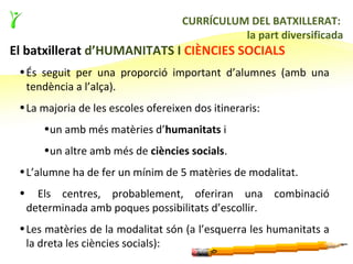 15

                                    CURRÍCULUM DEL BATXILLERAT:
                                              la part diversificada
El batxillerat d’HUMANITATS I CIÈNCIES SOCIALS
 • És seguit per una proporció important d’alumnes (amb una
   tendència a l’alça).
 • La majoria de les escoles ofereixen dos itineraris:
        •un amb més matèries d’humanitats i
        •un altre amb més de ciències socials.
 • L’alumne ha de fer un mínim de 5 matèries de modalitat.
 •     Els centres, probablement, oferiran una combinació
     determinada amb poques possibilitats d’escollir.
 • Les matèries de la modalitat són (a l’esquerra les humanitats a
   la dreta les ciències socials):
 